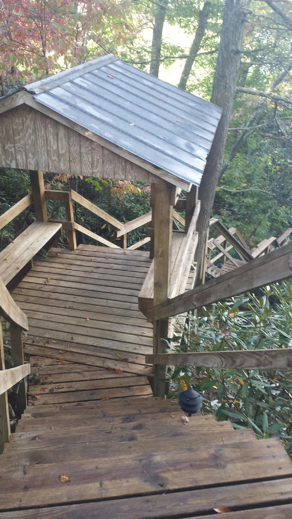 Metal roofed shelter over wooden steps on a wooded walkway — Skylight Repair & Installation work by our crew in Fork